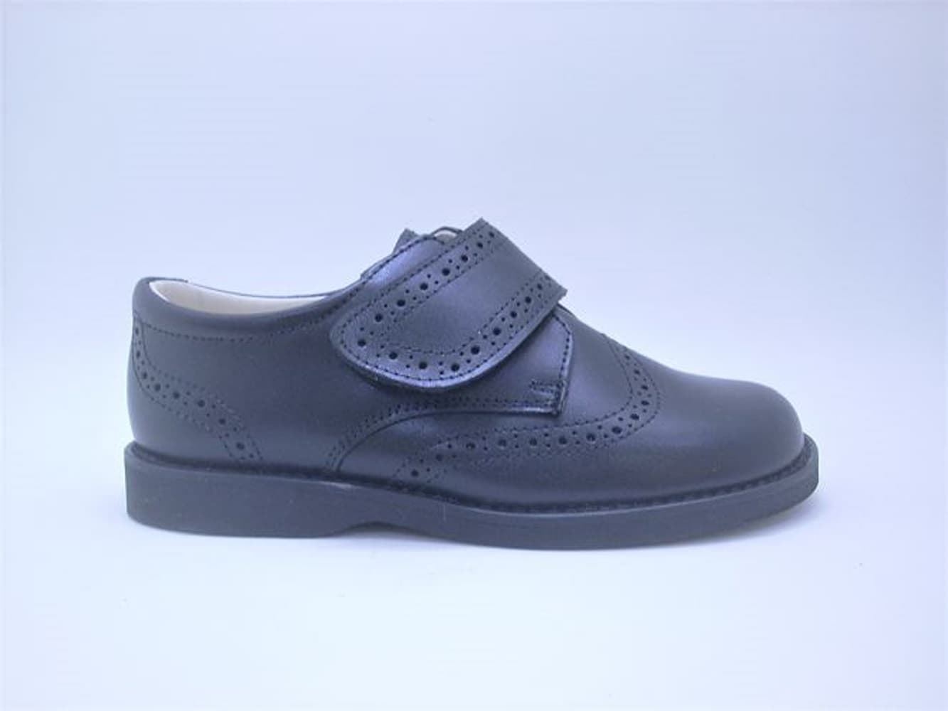 Black leather Oxford school shoe with Velcro - Image 1