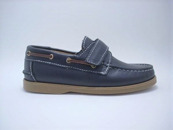 Navy Blue Leather Boat Shoes for Boys with Velcro - Image 1