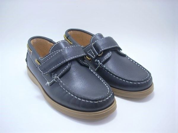 Navy Blue Leather Boat Shoes for Boys with Velcro - Image 2