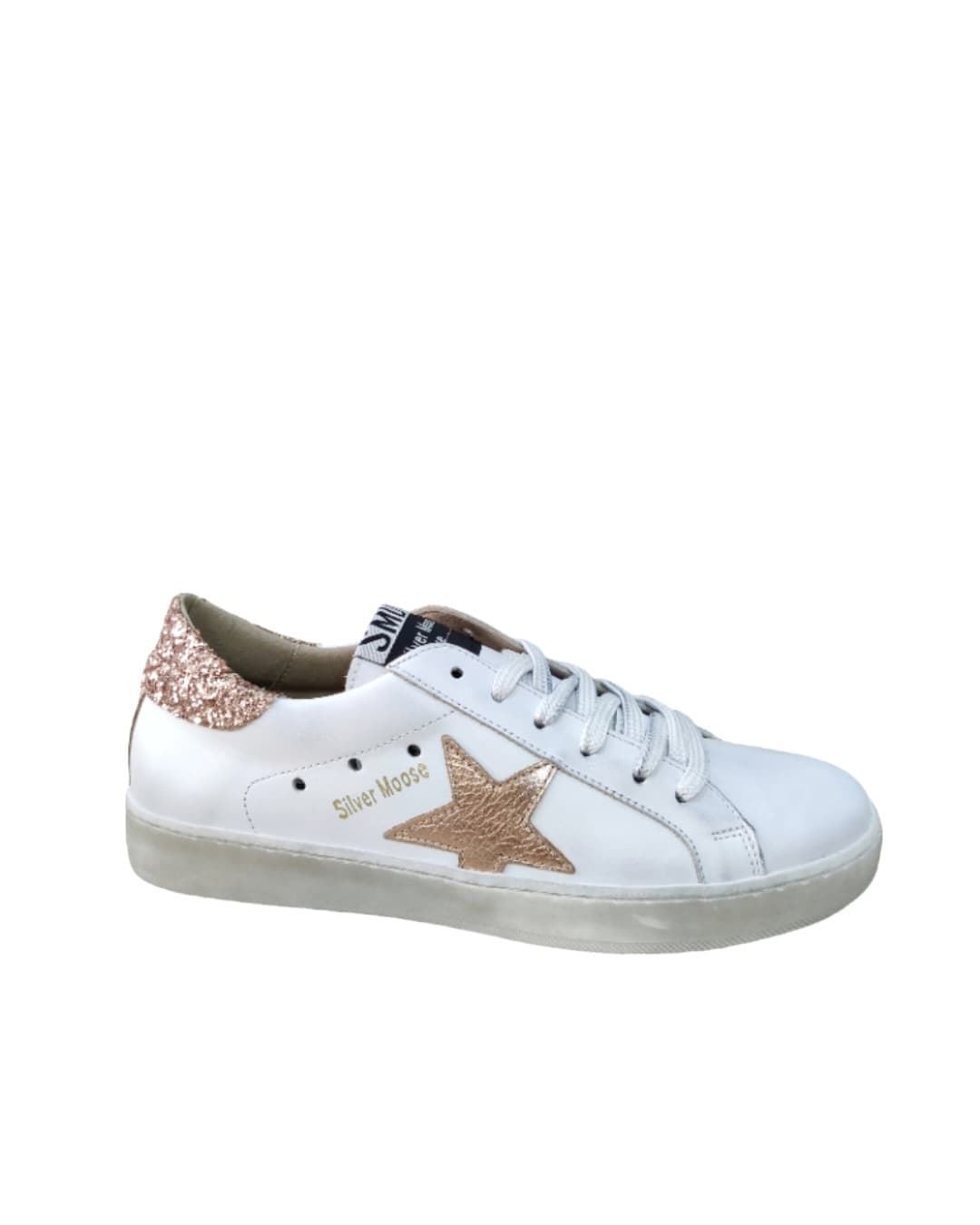 Sneakers Golden Star piel Blanco Glitter Nude - Imagen 1