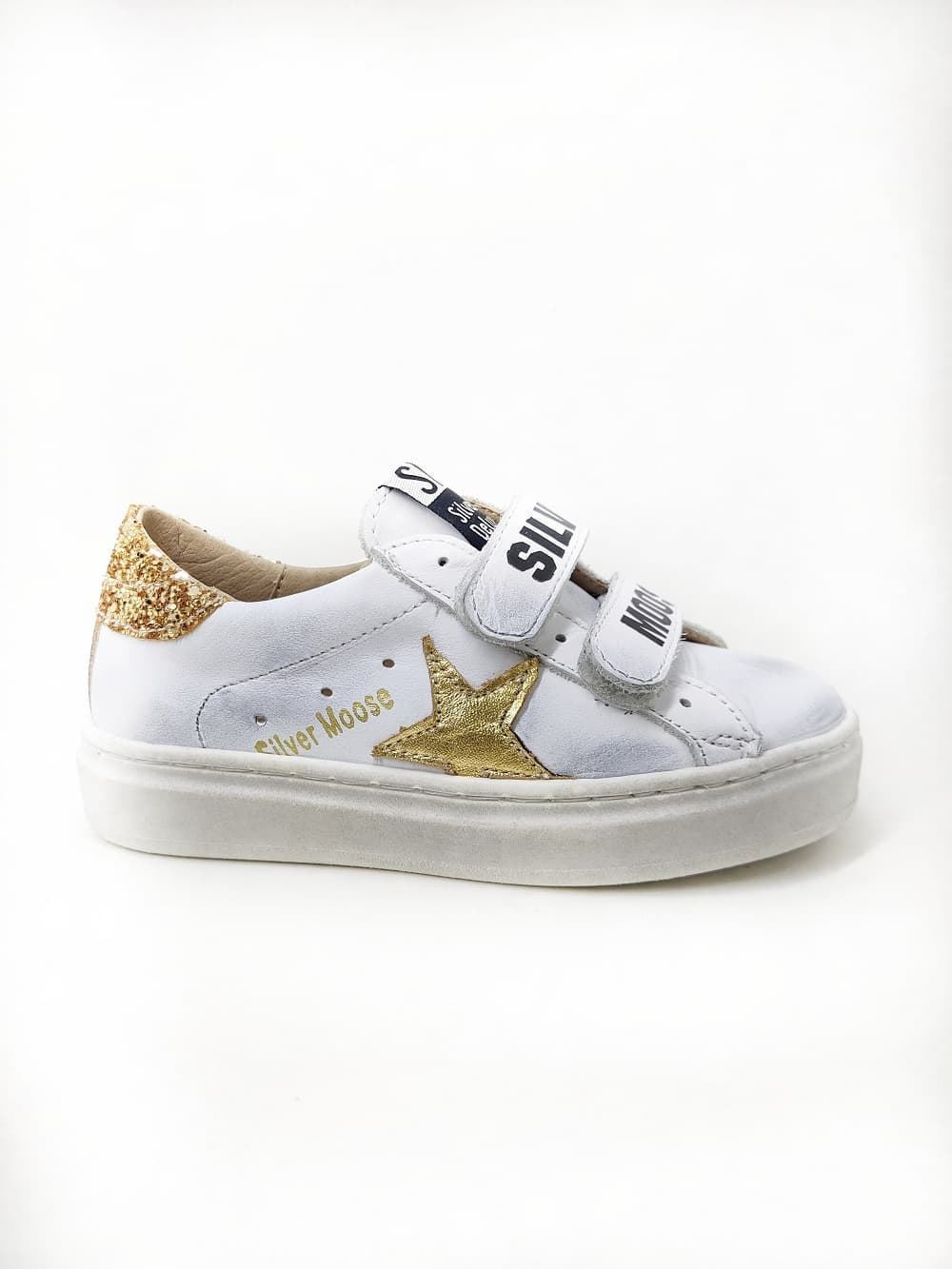 Sneakers Golden Star piel Blanco Glitter Oro con Velcro Yowas - Imagen 2