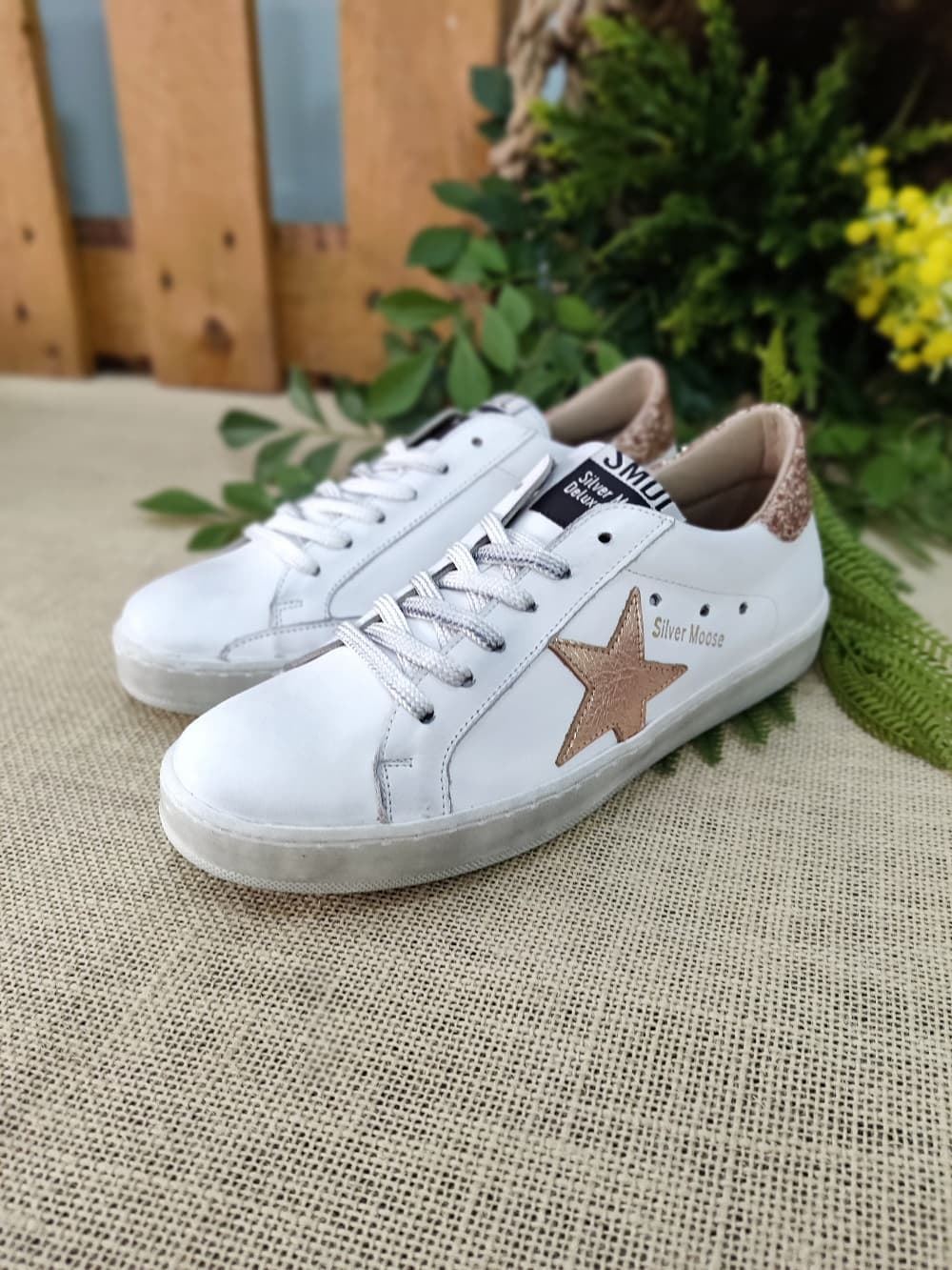 Sneakers Golden Star piel Blanco Glitter Nude - Imagen 4